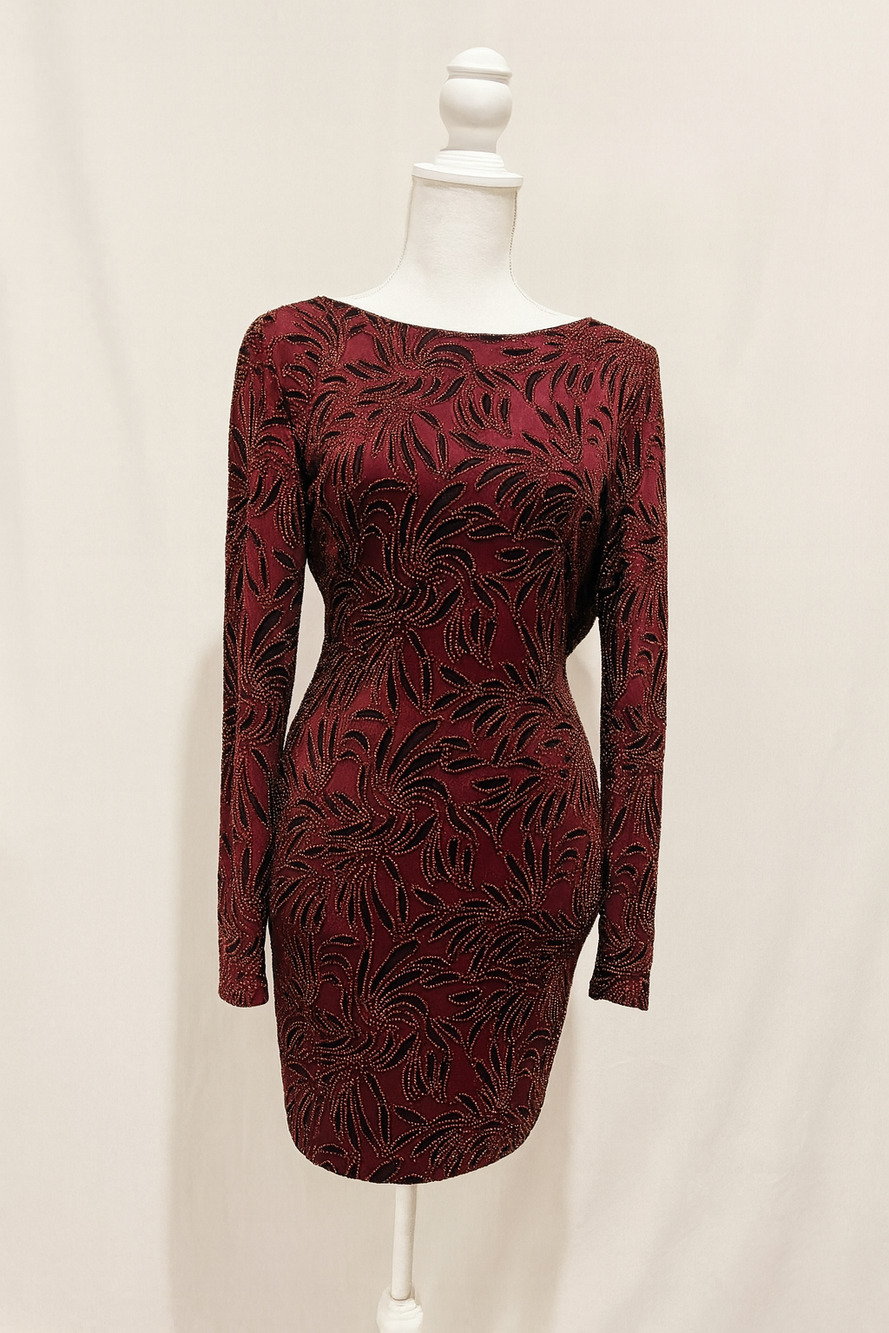 Windsor Burgundy Velvet Jeweled Mini Dress M Cowl Back  Bodycon Holiday Party